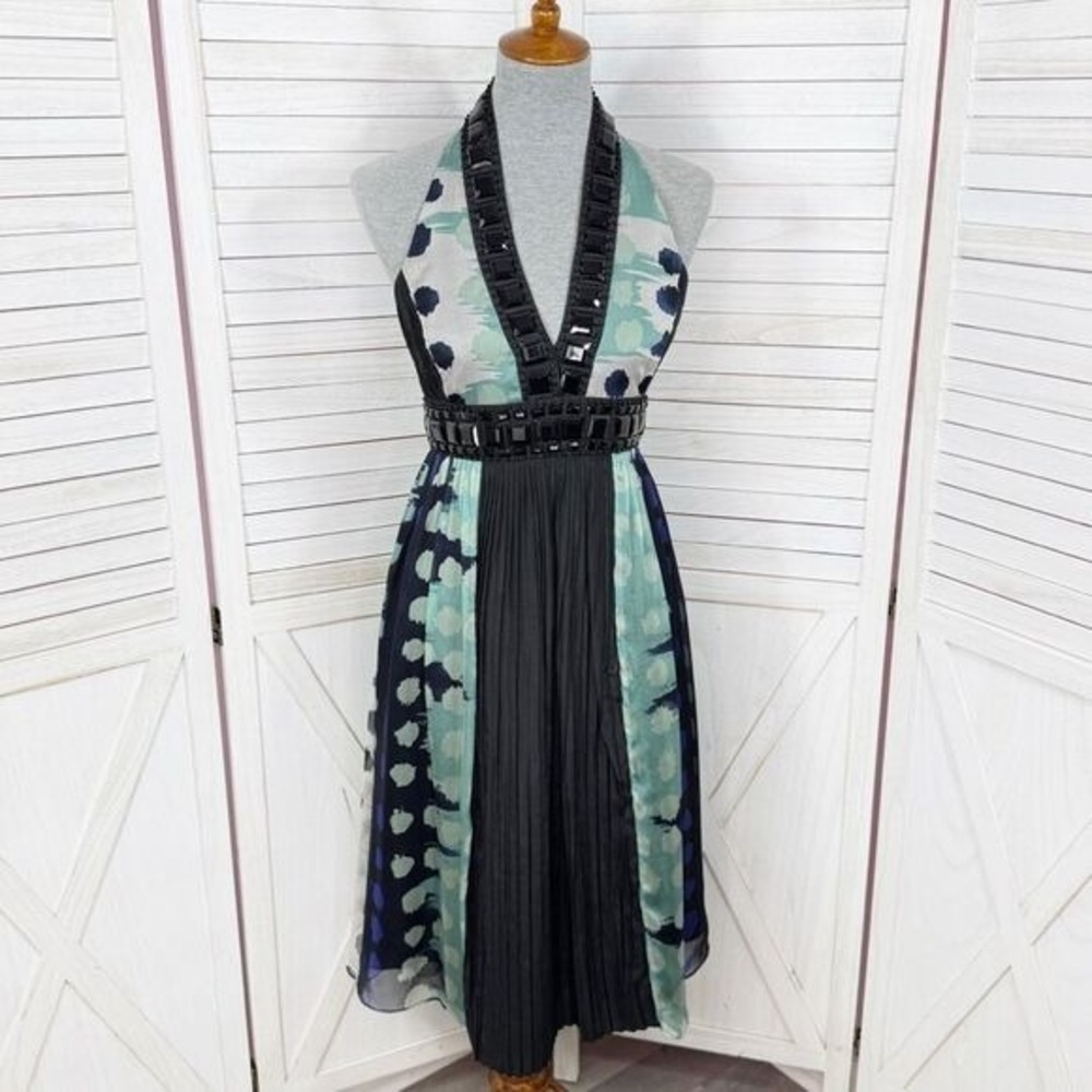 Zara Beaded Silk Pleated Multi Pattern Fit Flare Halter Dress Black Teal Medium - Picture 1 of 15